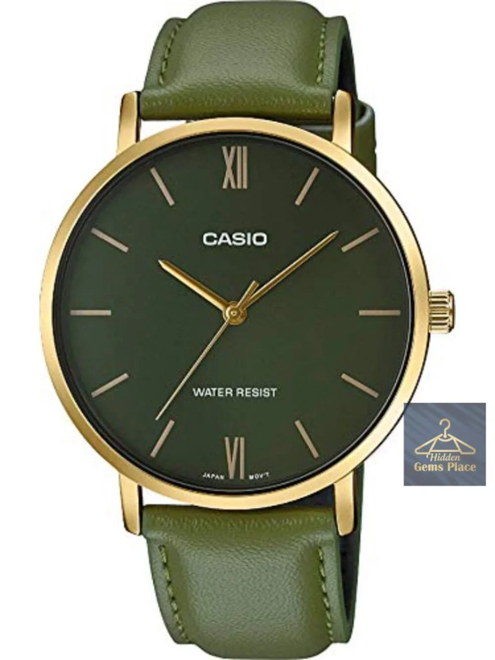 Men's Minimalistic Green Leather Band Gold Tone Case 3-Hand Analog Watch 40mm